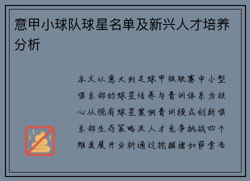 意甲小球队球星名单及新兴人才培养分析
